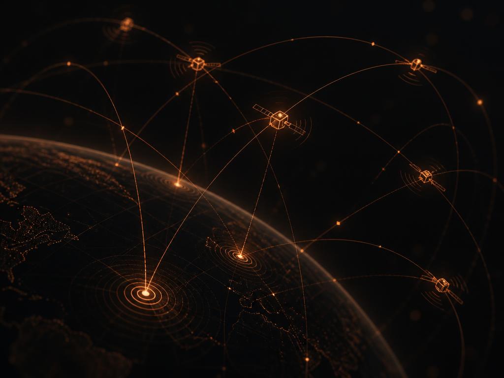 Visual astratto di orbite satellitari e onde di segnale sopra la Terra